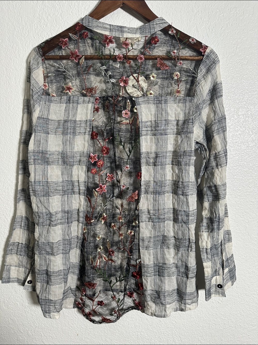 NWT Oddi Clothing Button Up Plaid Shirt with Sheer Mesh Embroidery Size M